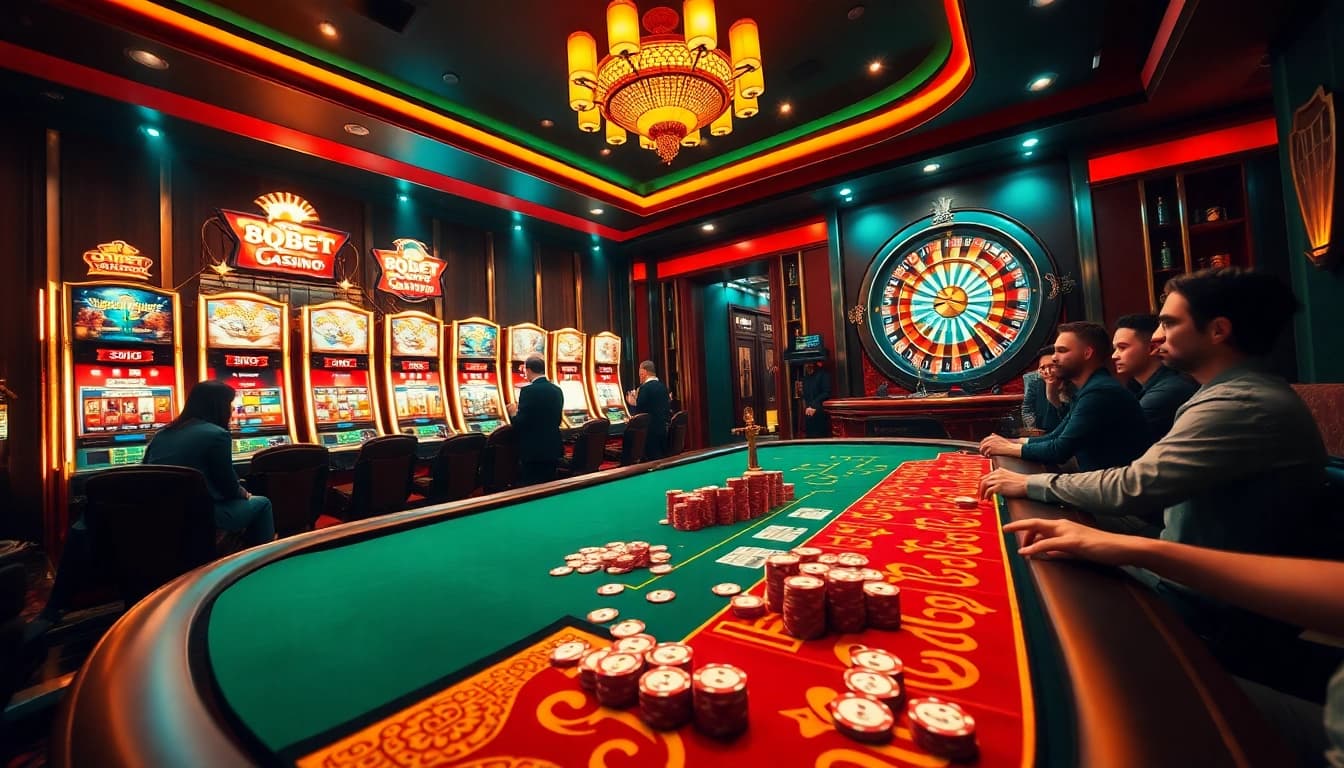 A vibrant casino scene featuring 8qbet with players at a table and slot machines, evoking luxury.