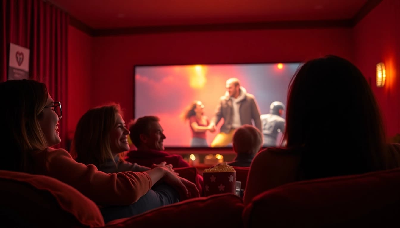 Enjoy ดูหนัง with friends in a cozy home theater setting, surrounded by laughter and warmth.