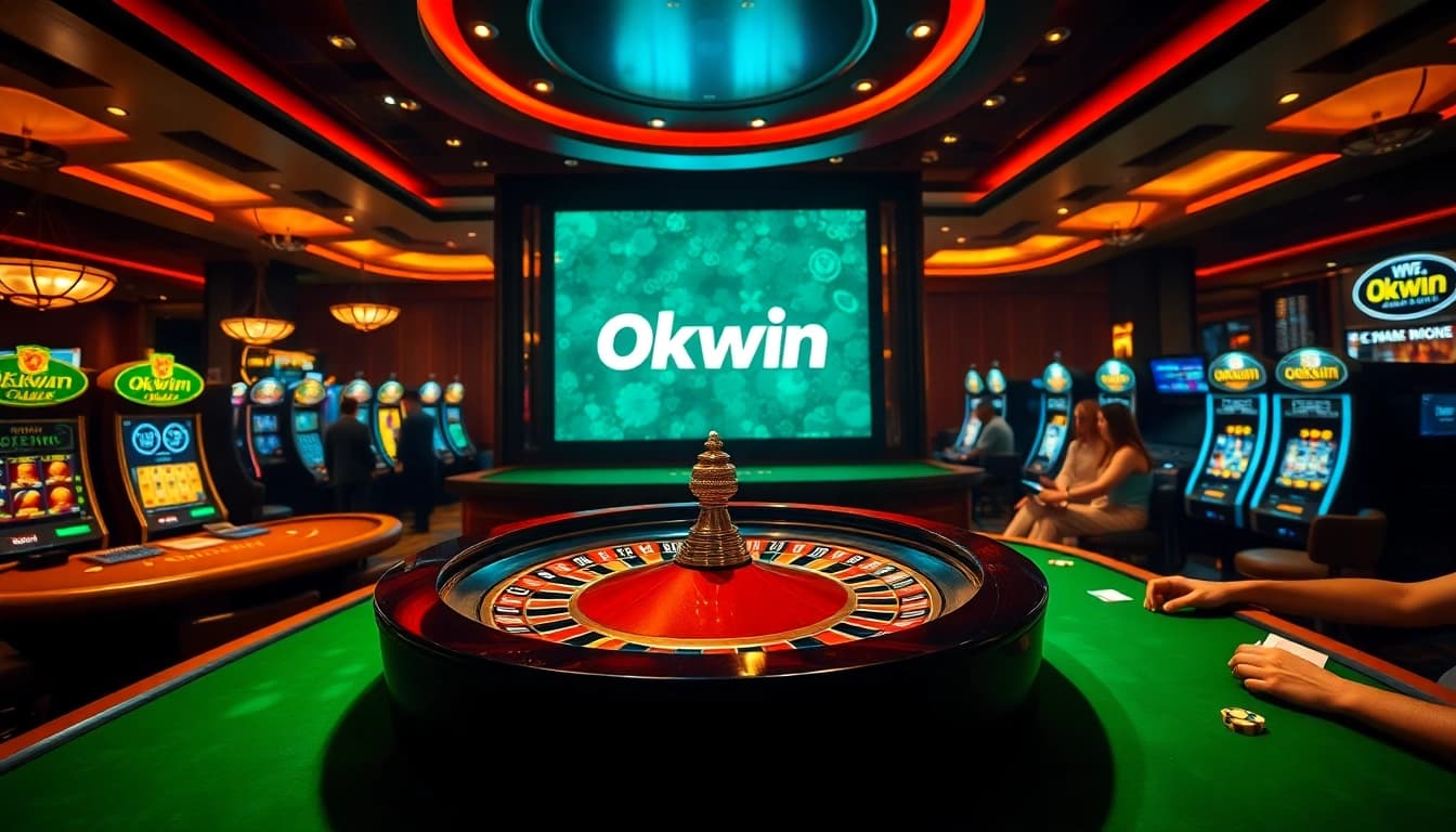 Experience the thrill of Okwin in a vibrant casino setup featuring roulette and poker tables.