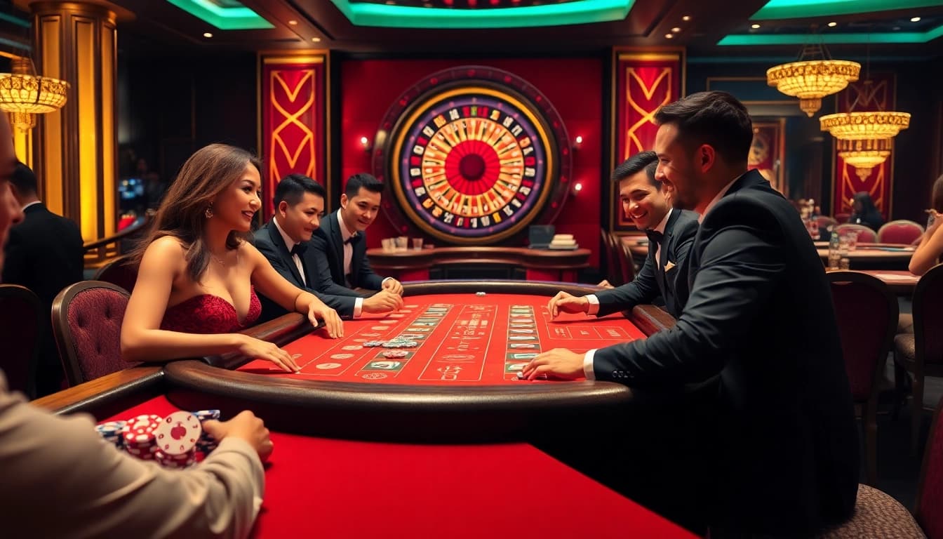 Players enjoying Baccarat at an X88-themed casino table, surrounded by excitement and luxury.