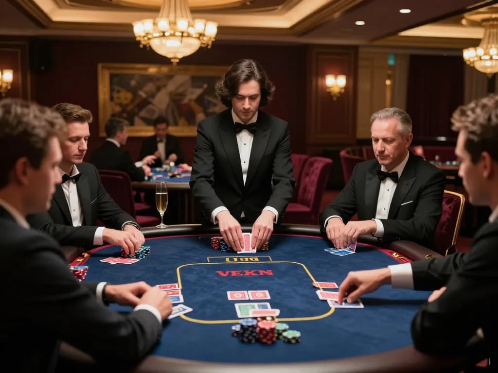 Nhà cái DABET players making strategic bets at a luxurious poker table in an upscale casino atmosphere