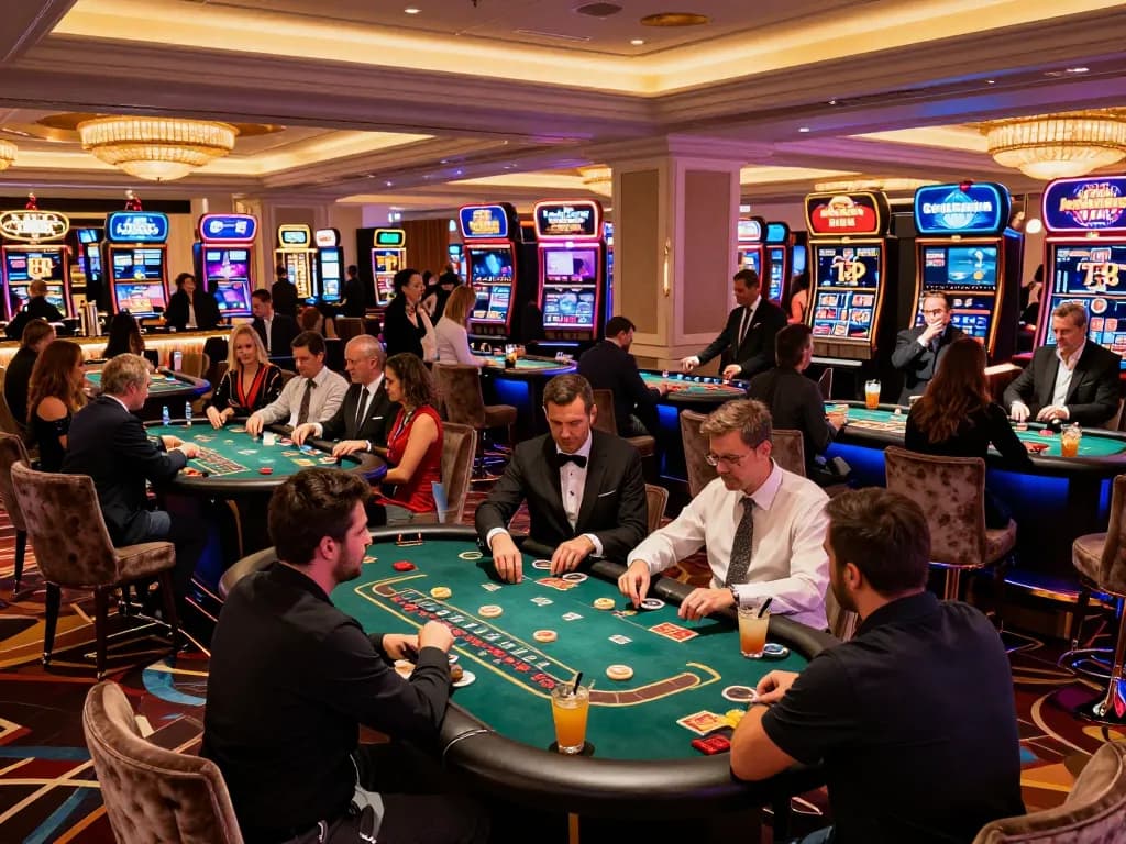 Experience the excitement of 789WIN at a vibrant Vegas casino with blackjack tables and players calculating odds.
