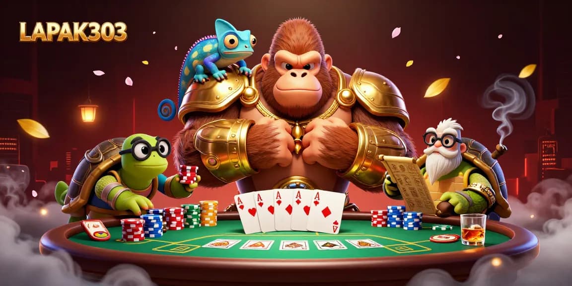 LAPAK303 offers an exhilarating poker scene featuring a gorilla king and vibrant characters.