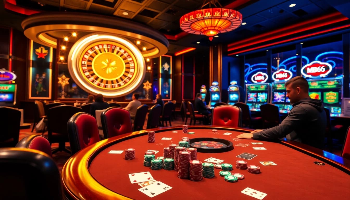 Engage with high-stakes poker action featuring MB66 in a luxurious casino atmosphere.