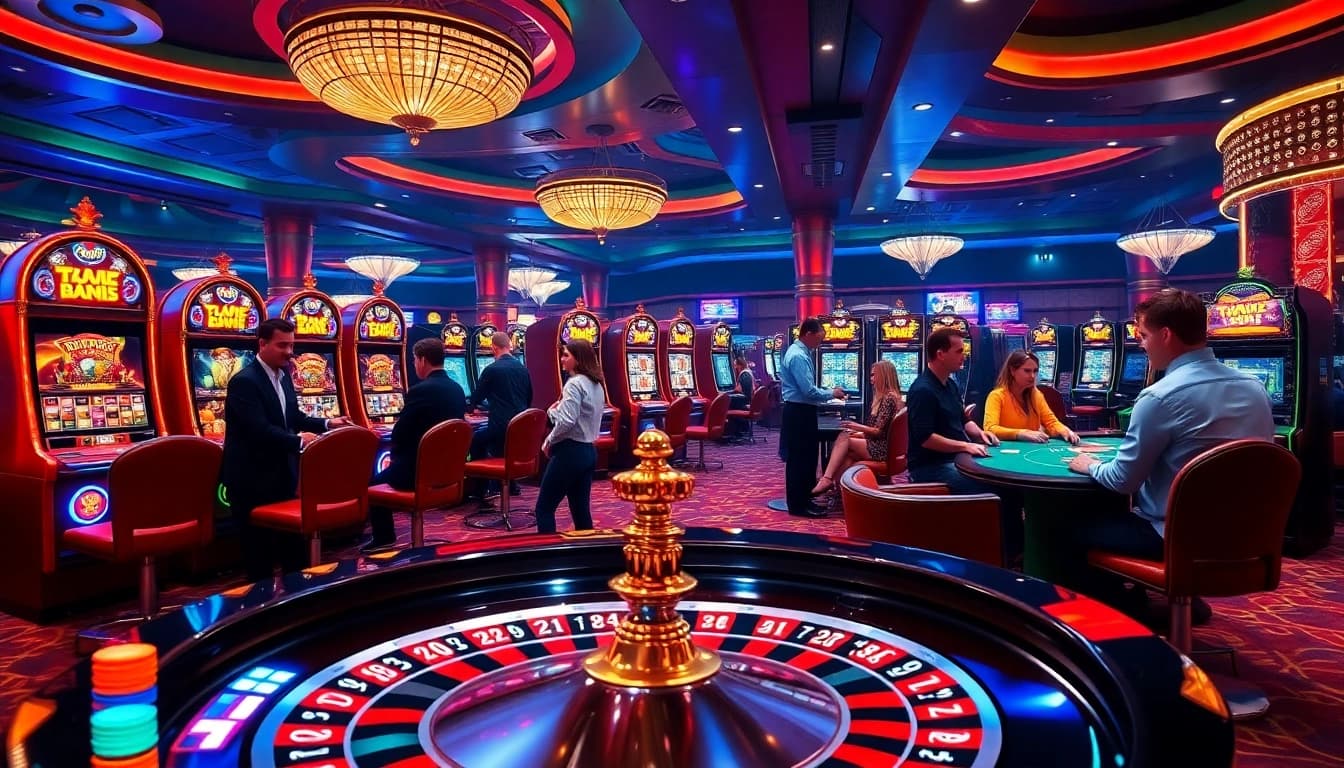 Engage with onicplay through a captivating casino scene featuring vibrant roulette tables and exciting poker games.