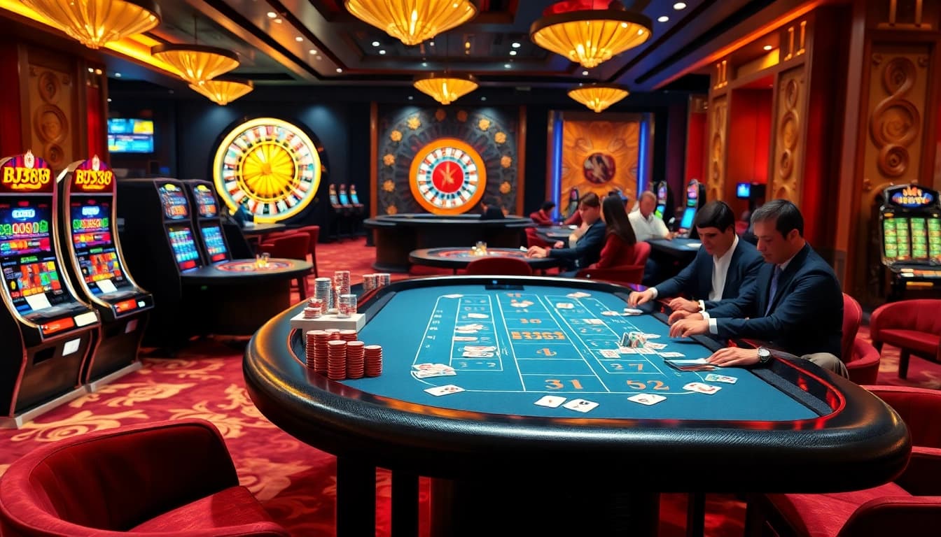 Experience the excitement of gambling at BJ388 with engaging casino tables and vibrant gaming elements.
