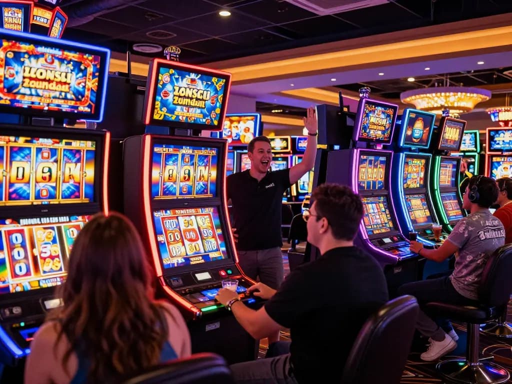 Pemain menikmati link slots dalam suasana kasino yang menegangkan dengan cahaya dan suara yang berwarna-warni.