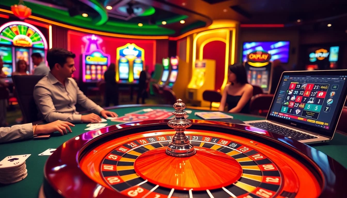 Experience thrilling gameplay at oxplay with a luxurious casino scene showcasing cards, chips, and roulette.