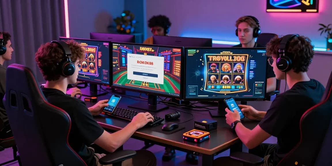 Excited gamers accessing ROKOK88 login, showcasing vibrant online gaming atmosphere.