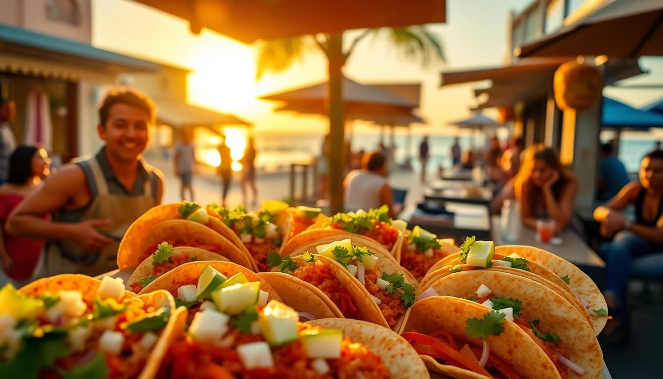 Enjoying the best tacos in Cabo at a vibrant market taco stand, filled with fresh ingredients.