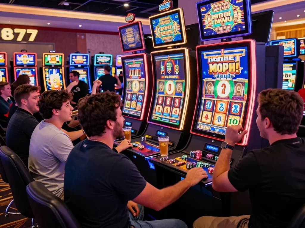 Exciting casino gaming scene celebrating winnings at vegasslot77.com with friends enjoying bright slot machines.