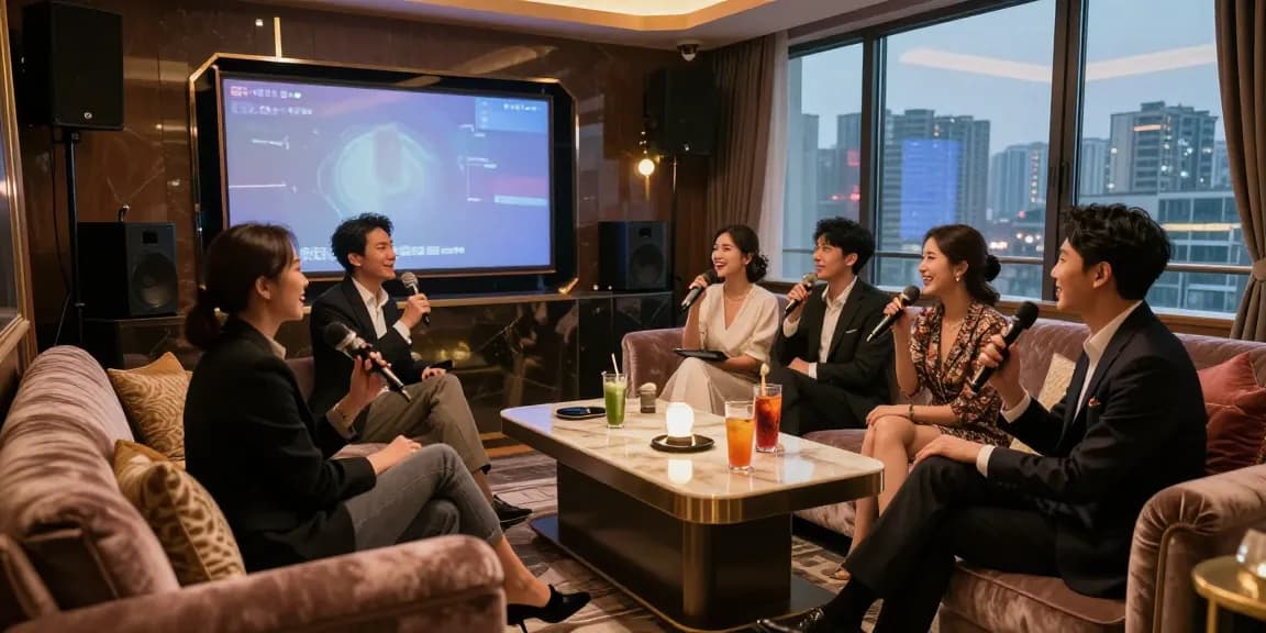 강남구구단의 고급스러운 프라이빗 노래방 내부 모습, 도시 경관이 잘 보이는 창문과 아늑한 조명