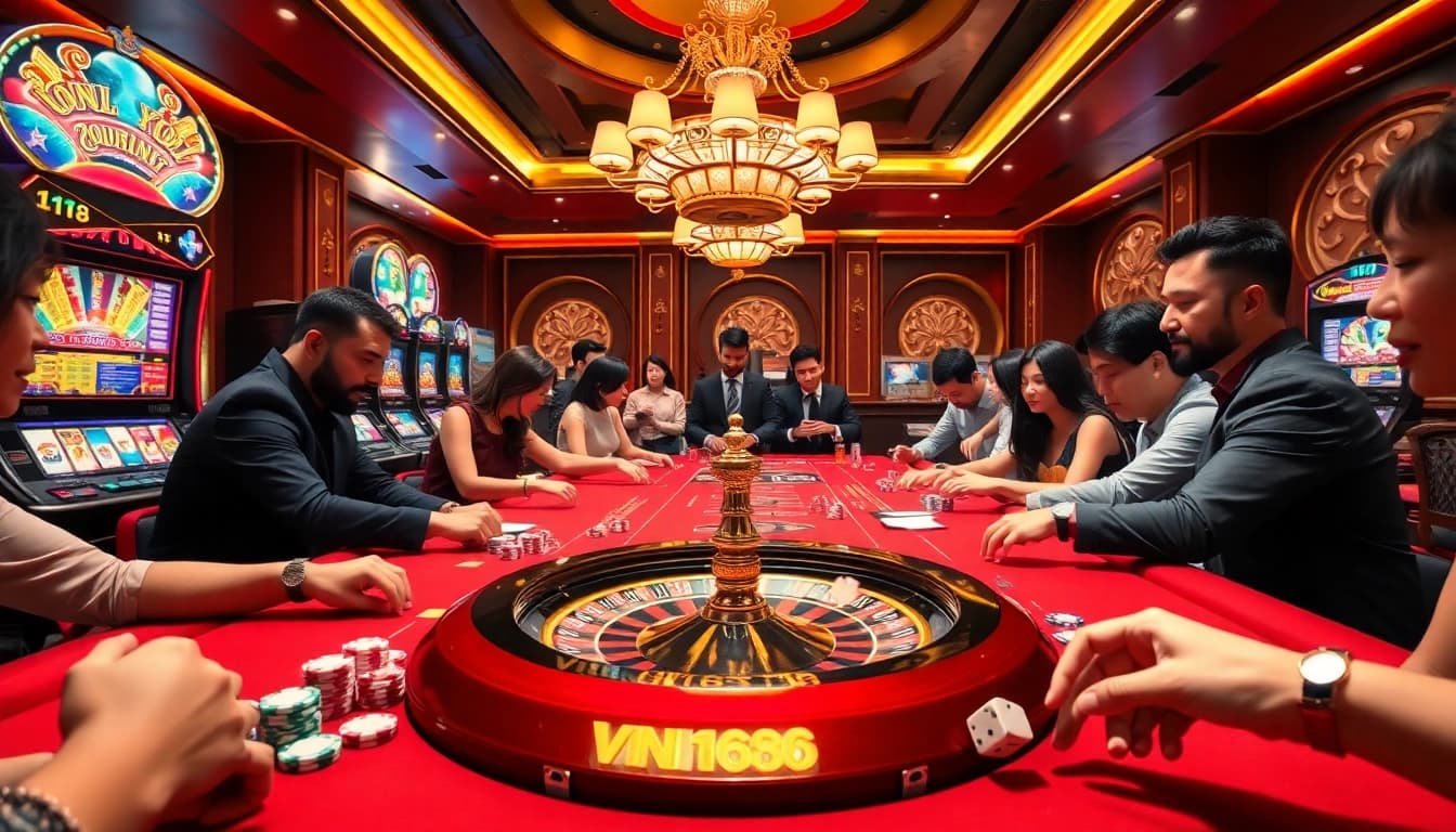 Action-packed casino scene showcasing vn168 excitement with poker chips, cards, and roulette.