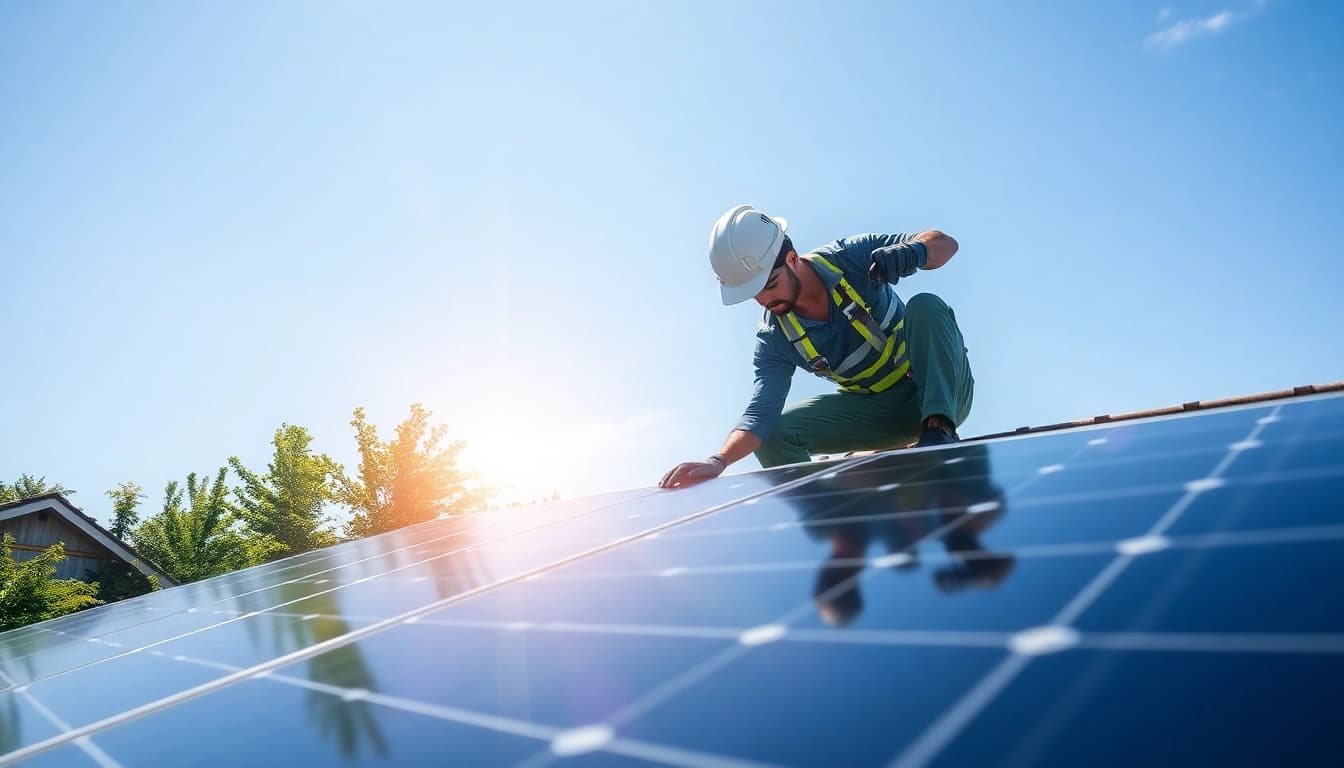 Installers installing solar panels for renewable energy solutions on a sunny rooftop.