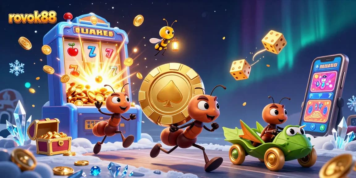 Experience thrilling wins with rokok88 in a 3D cartoon scene full of vibrant casino elements.