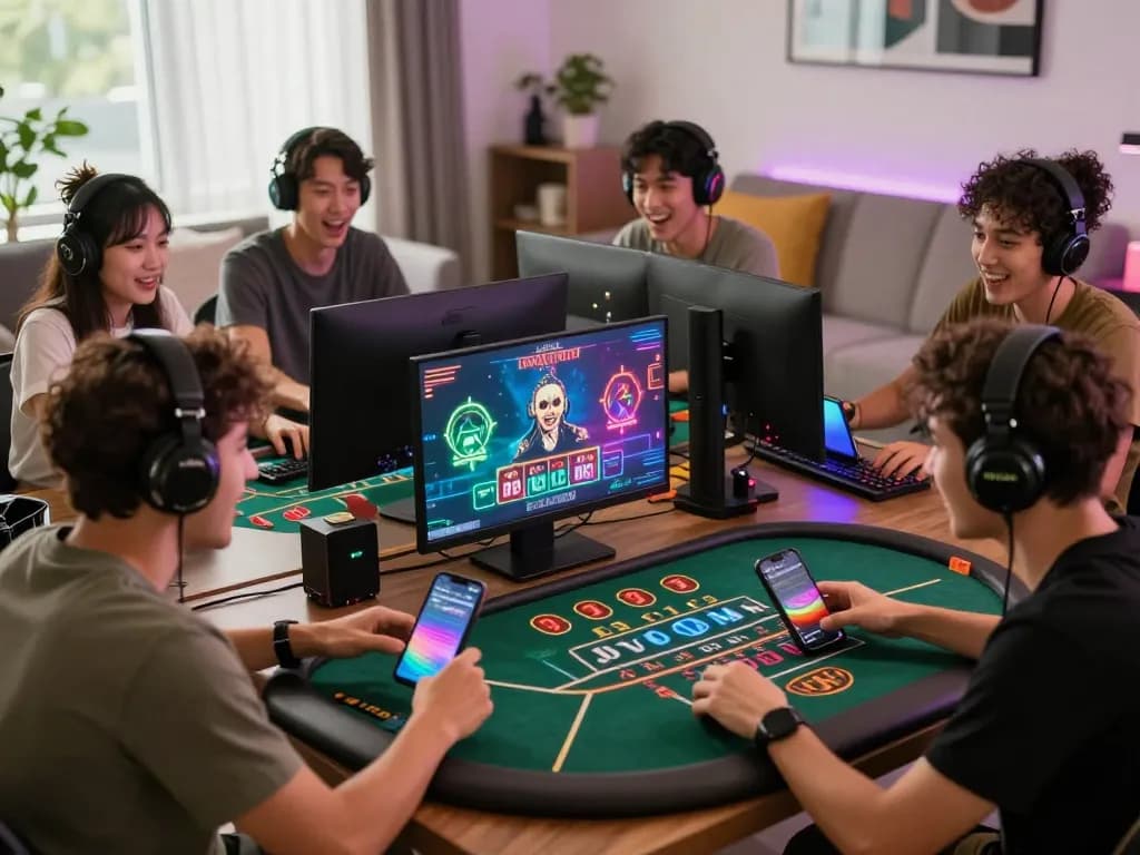 Engaged players enjoying a 바카라사이트 game in a vibrant gaming environment with LED lights and modern decor.