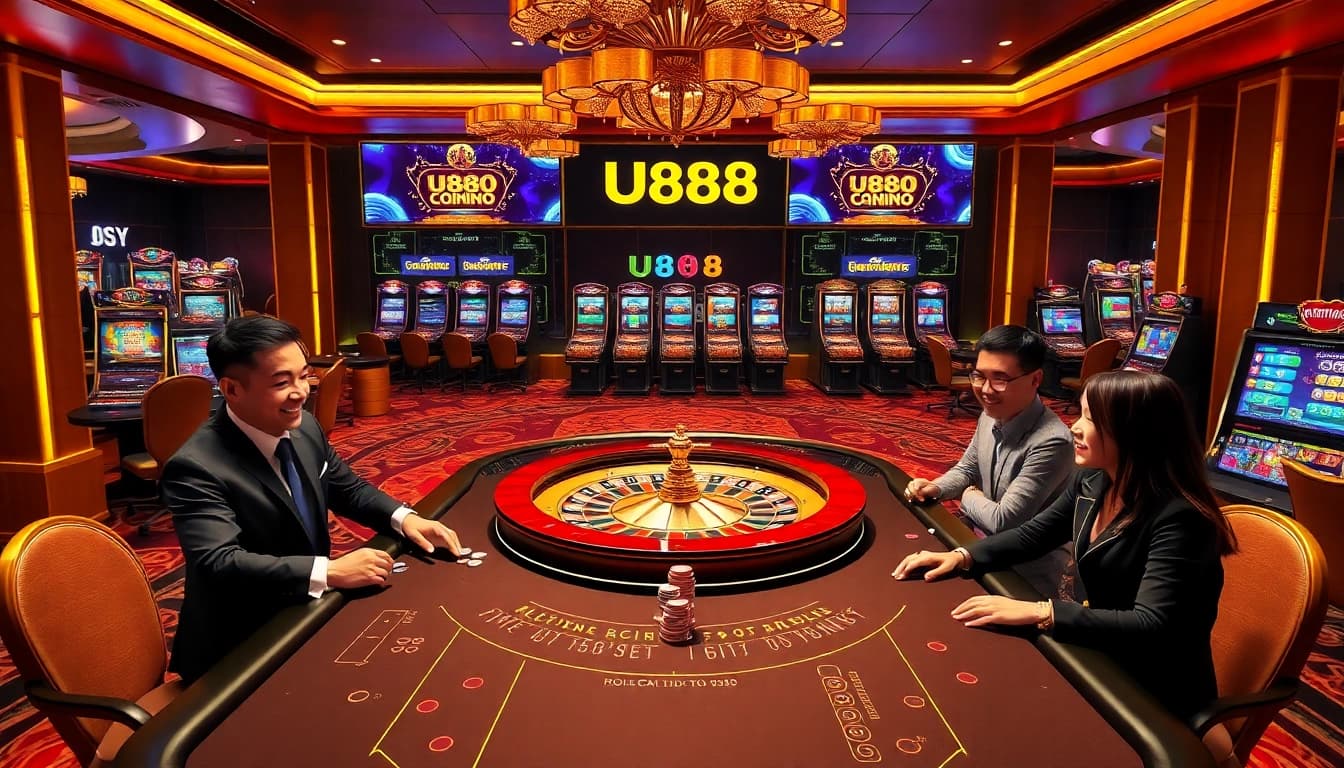 Players enjoying exciting games at U888 casino with roulette, blackjack, and slot machines.