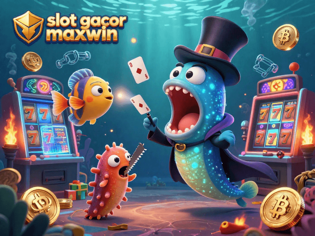 Experience the thrill of slot gacor maxwin with a vibrant 3D illustration showcasing a magical act in an underwater casino.