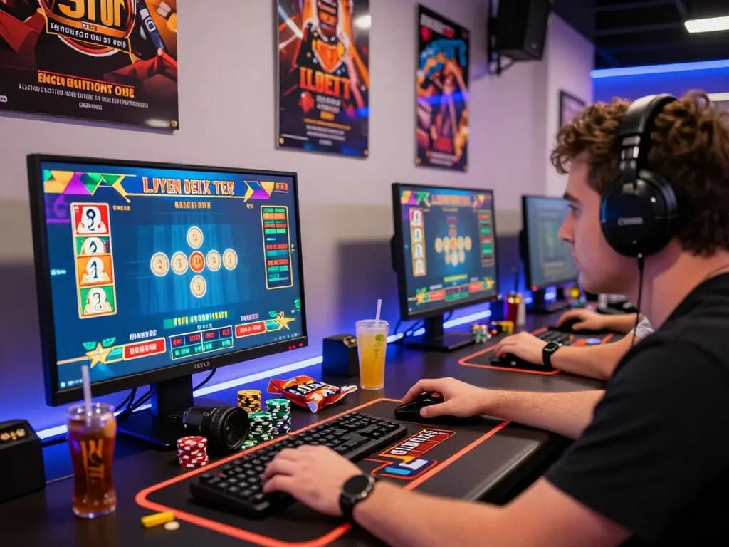Engaged player at https://bankssg.com/banking-news gaming with colorful interfaces and vibrant atmosphere.