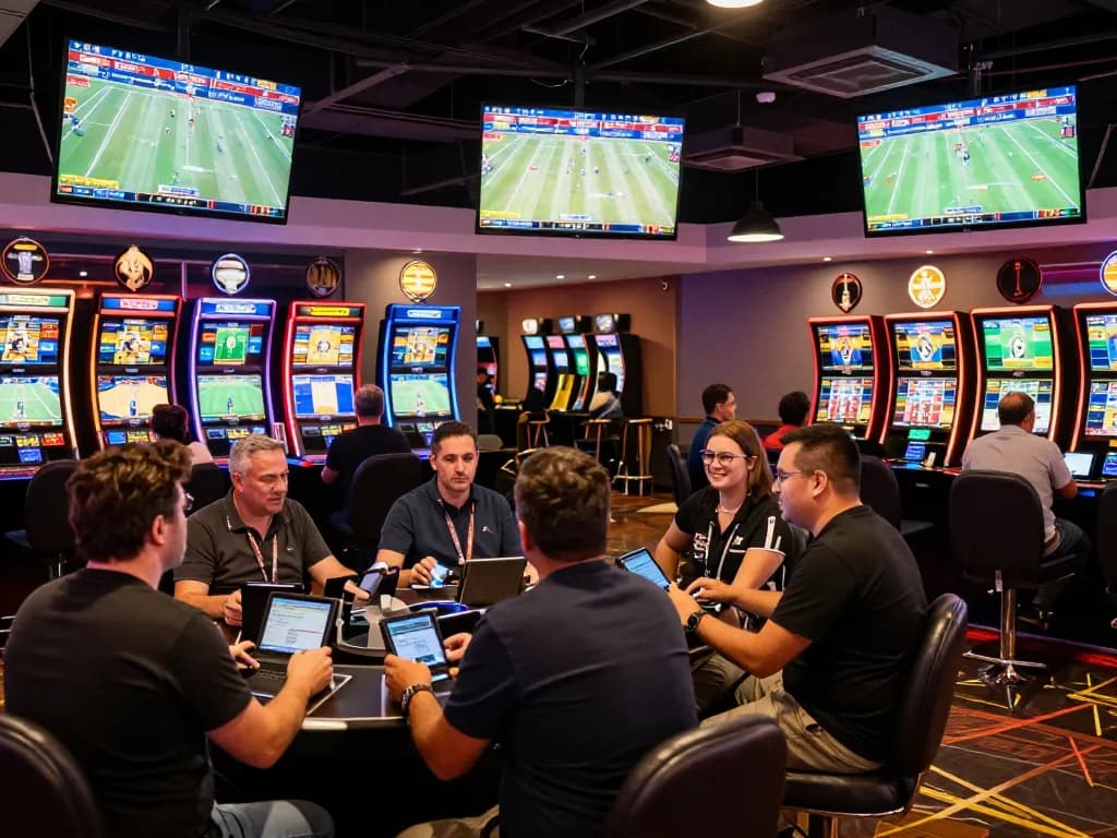 Betting enthusiasts engaging in live sports action at 8live casino, vibrant screens and energy