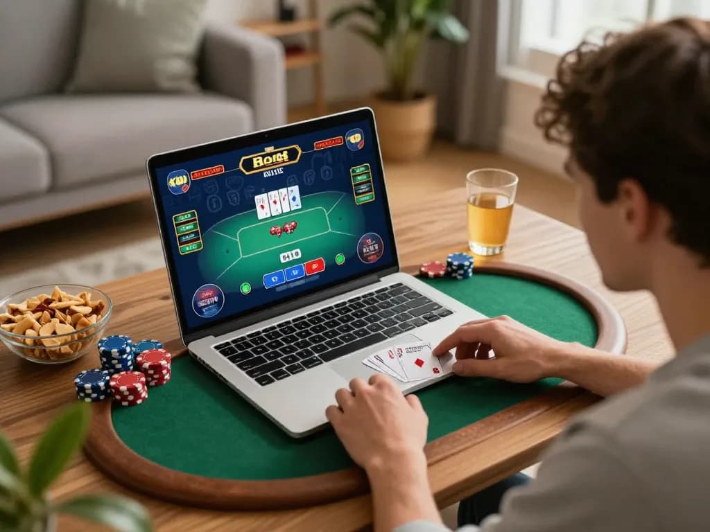 Player enjoying an engaging MB66 online poker game at home with vibrant gameplay on screen.