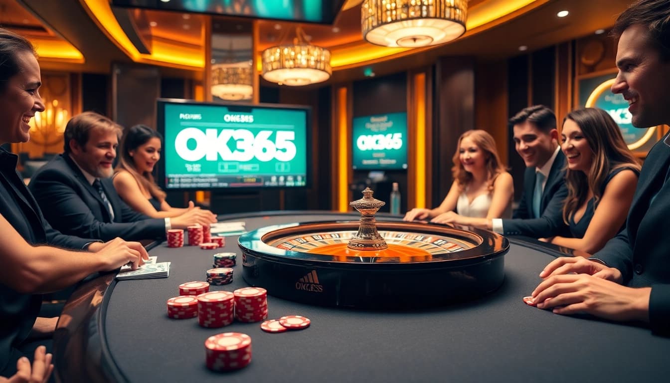 Excited gamblers enjoying a professional OK365 casino experience at a luxurious gaming table.