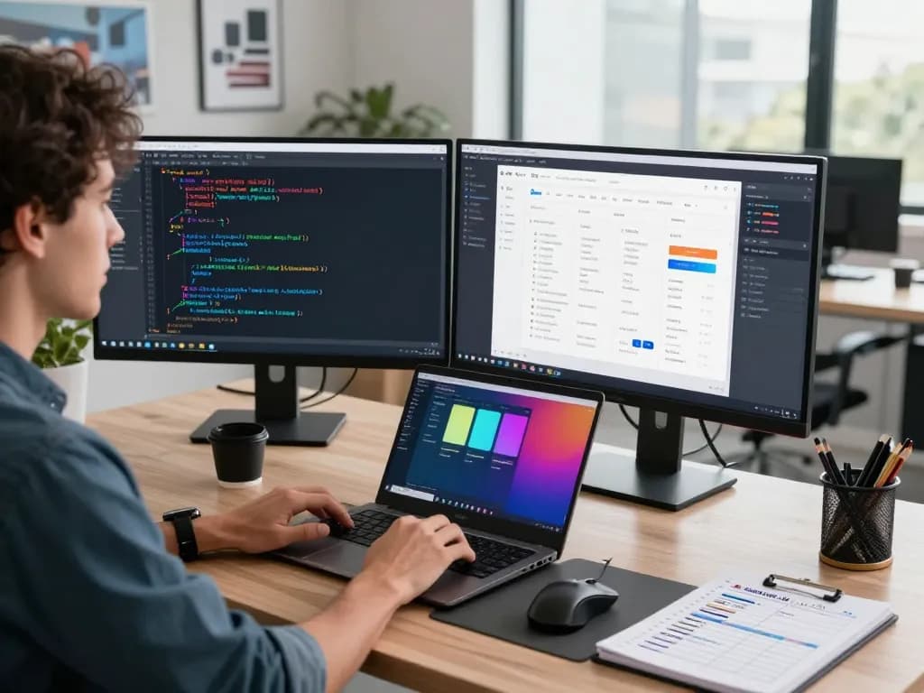 Developer using 谷歌浏览器 in a modern tech workspace with dual monitors for coding and design.
