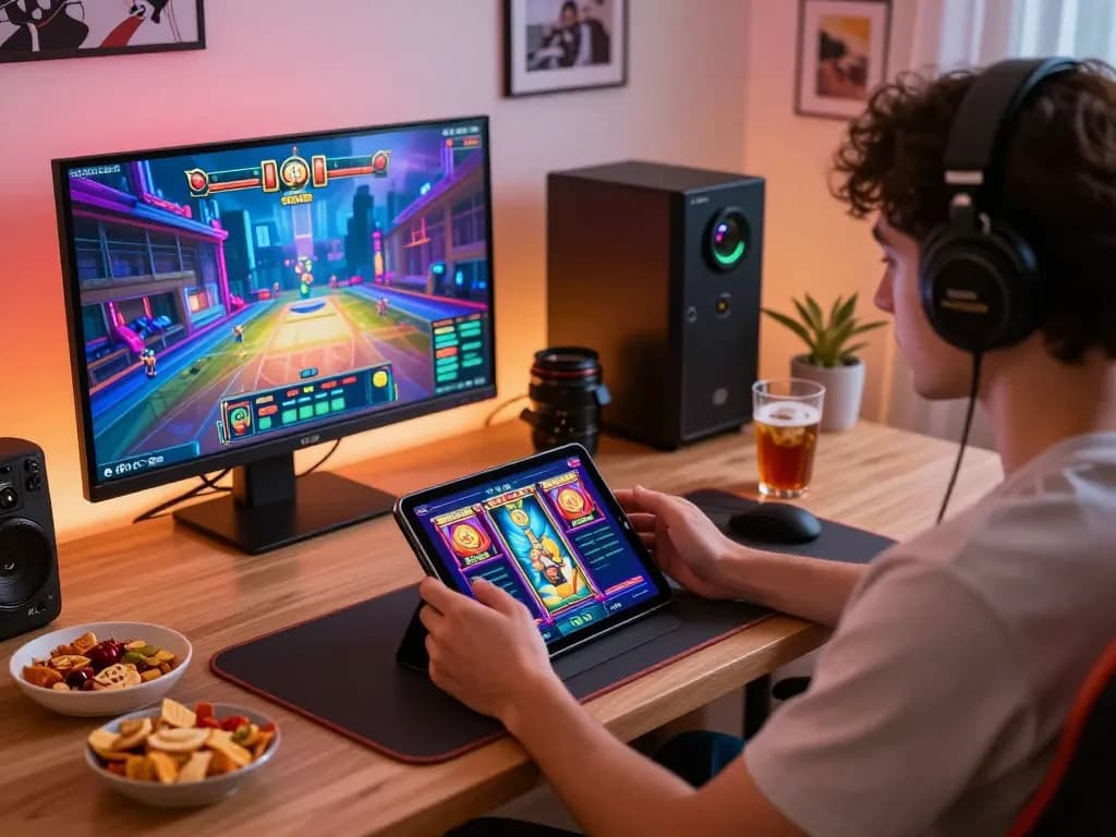 Player enjoying exciting slot games on alexis77 tablet in a cozy home setting