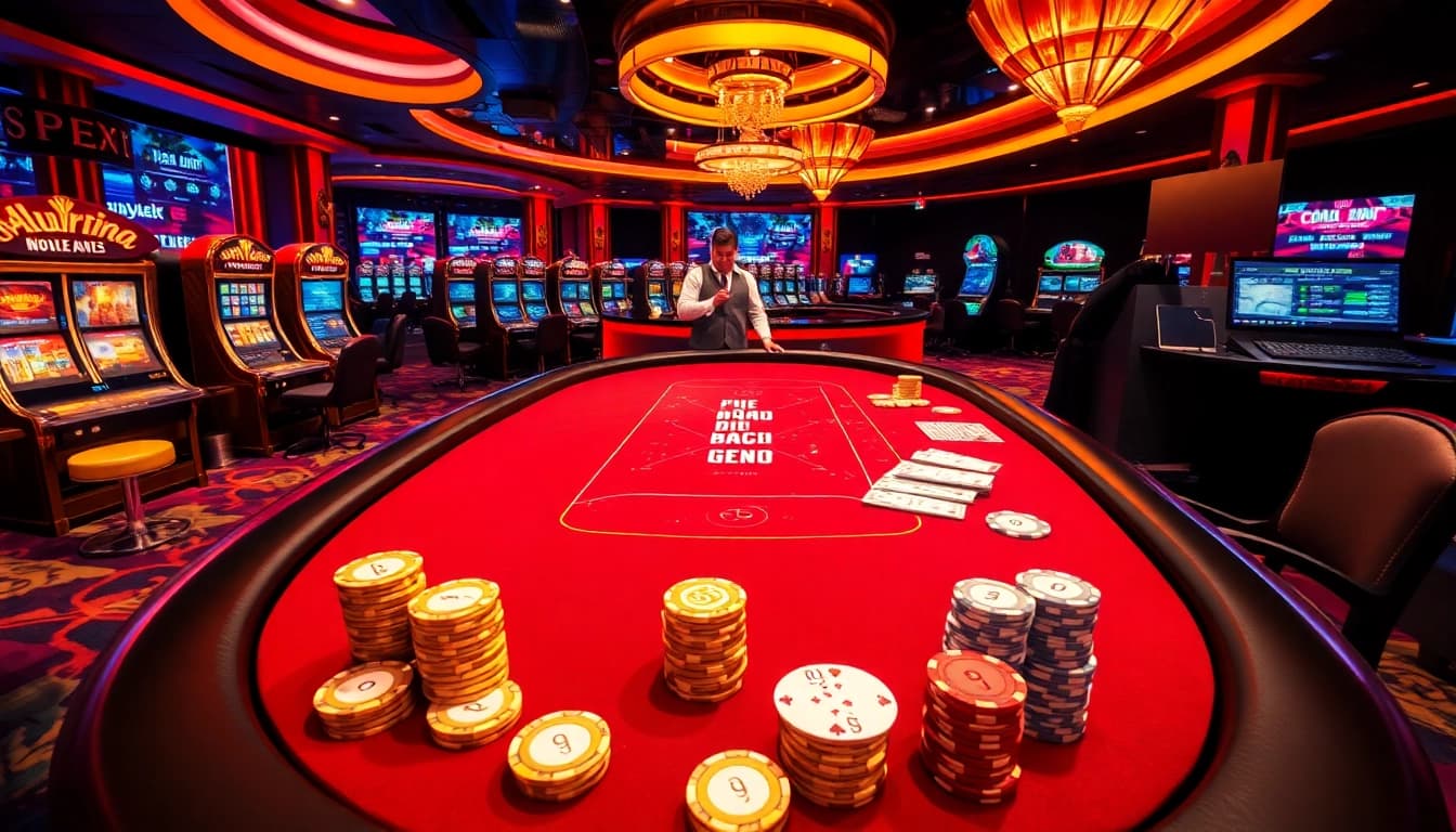 Excitation des joueurs de casino en ligne à une table de poker luxueuse avec des machines à sous vibrantes en arrière-plan.