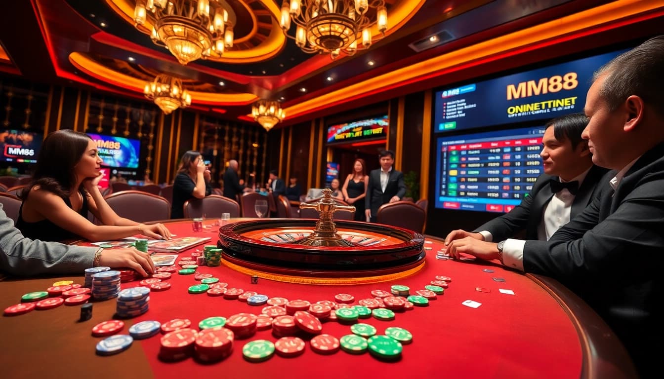 MM88 players experience thrilling gameplay at a luxurious casino table with cards and chips.