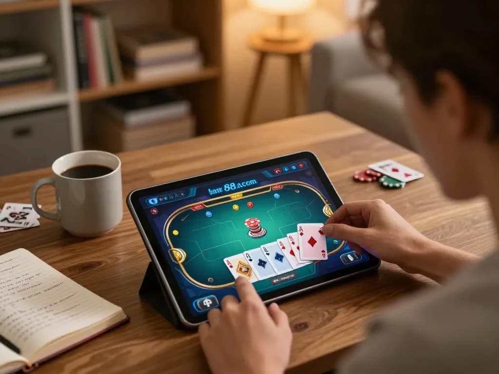 Engaging online poker gameplay on tablet at lv88.com, showcasing vibrant graphics and a cozy home setting