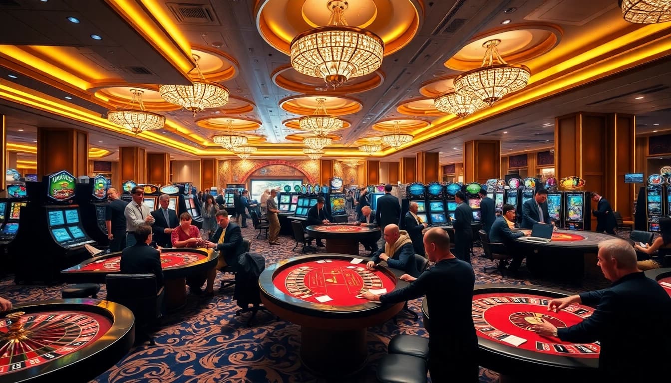 Gambling experience at https://9789bet.com/, showcasing lively roulette tables and poker action in a vibrant casino.