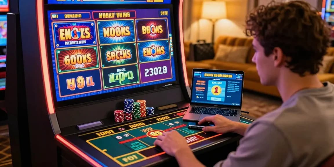 Player enjoying garuda303 online slot game from a cozy home setting with colorful graphics.
