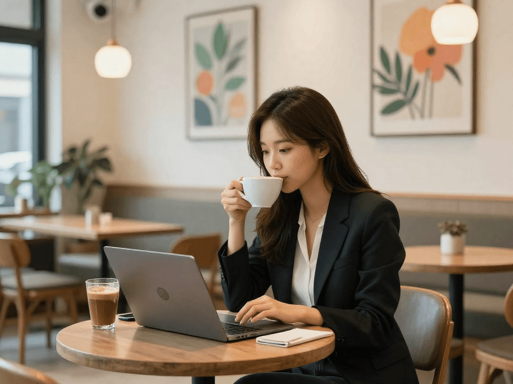 강남쩜오에서 편안하게 커피를 즐기며 작업하는 모습