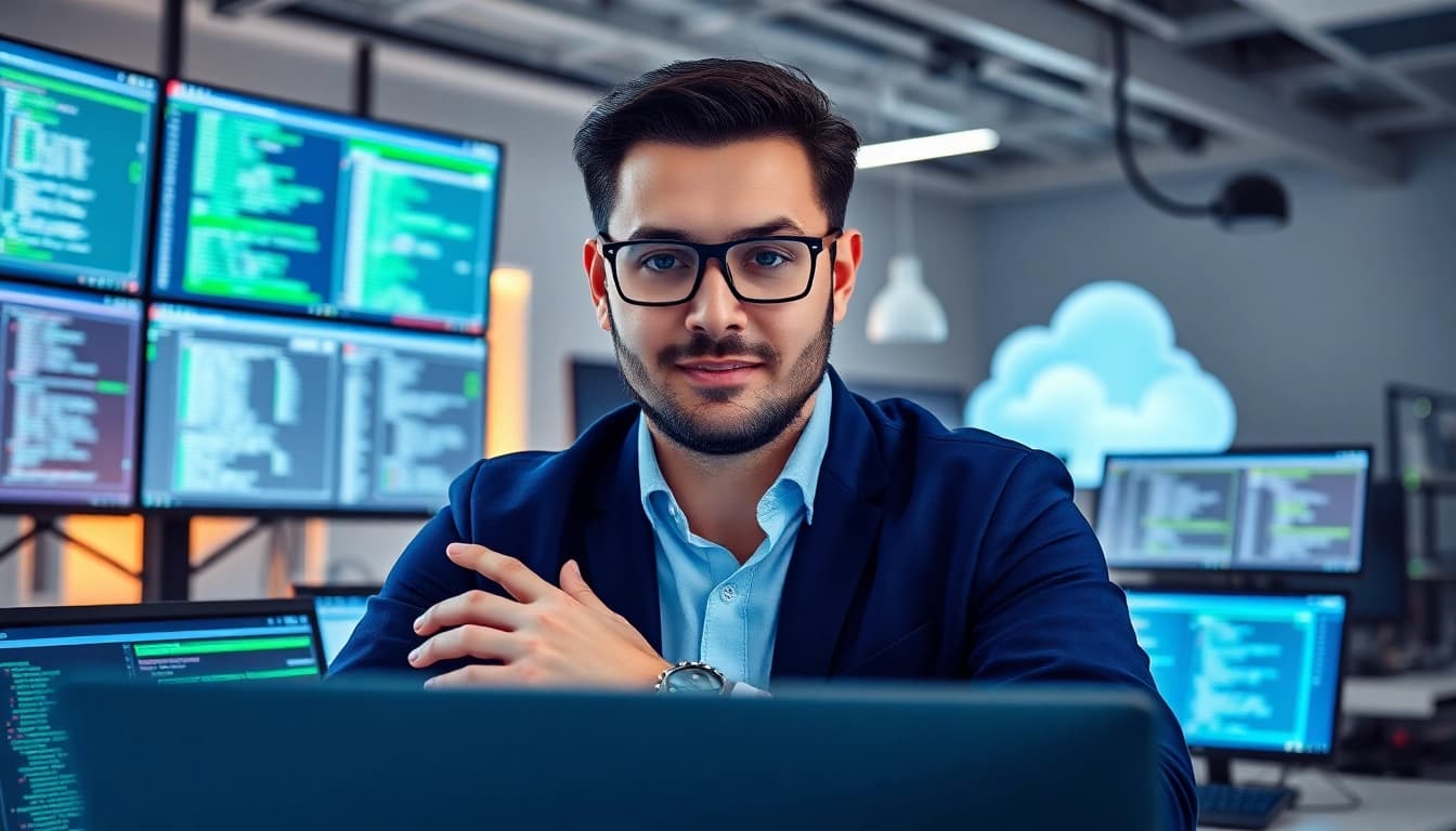 Implementing PowerShell automation for IT compliance in a modern office setting with multiple displays.