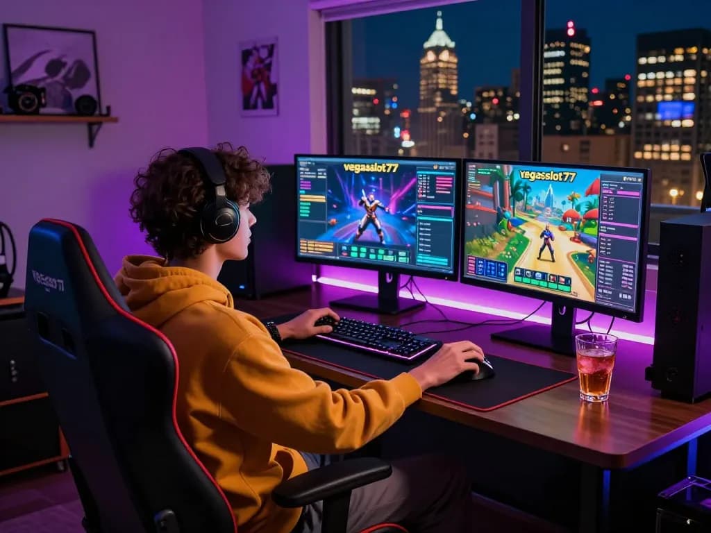 Engaging scene of a stylish gamer enjoying a thrilling moment at vegasslot77 with vibrant visuals and a luxurious setup.