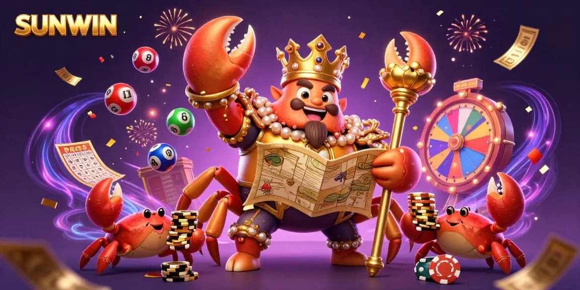 SUNWIN engages players with a colorful illustration of a golden crab emperor and vibrant gaming elements.