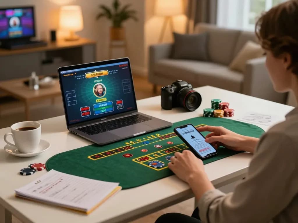 Engaging in live dealer games on 28bet, showcasing a modern gambling setup with laptop and notes.