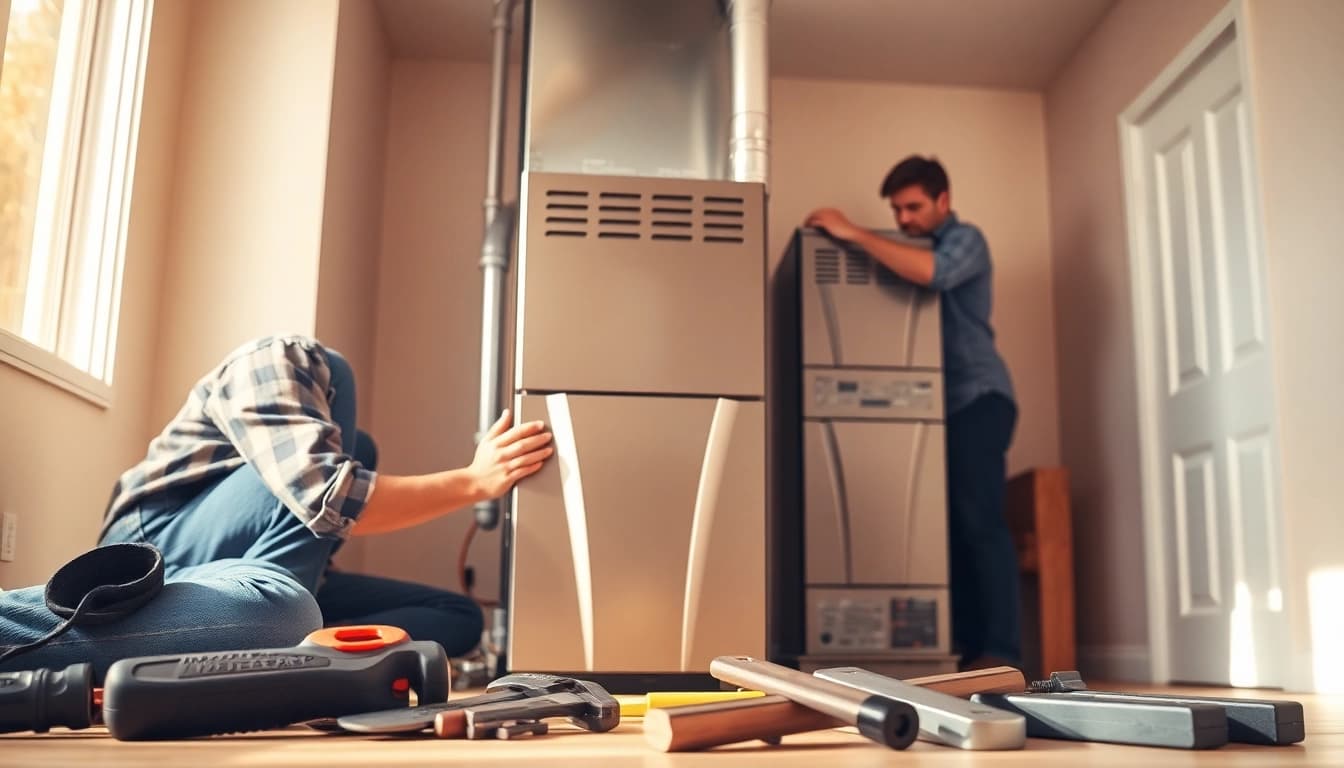 An expert technician installs an american standard furnace in a well-lit home utility room.