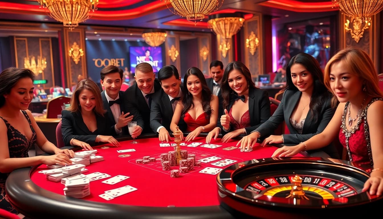 Players enjoying a high-stakes poker game at a luxurious casino table, immersing in soibet ออนไลน์ action.