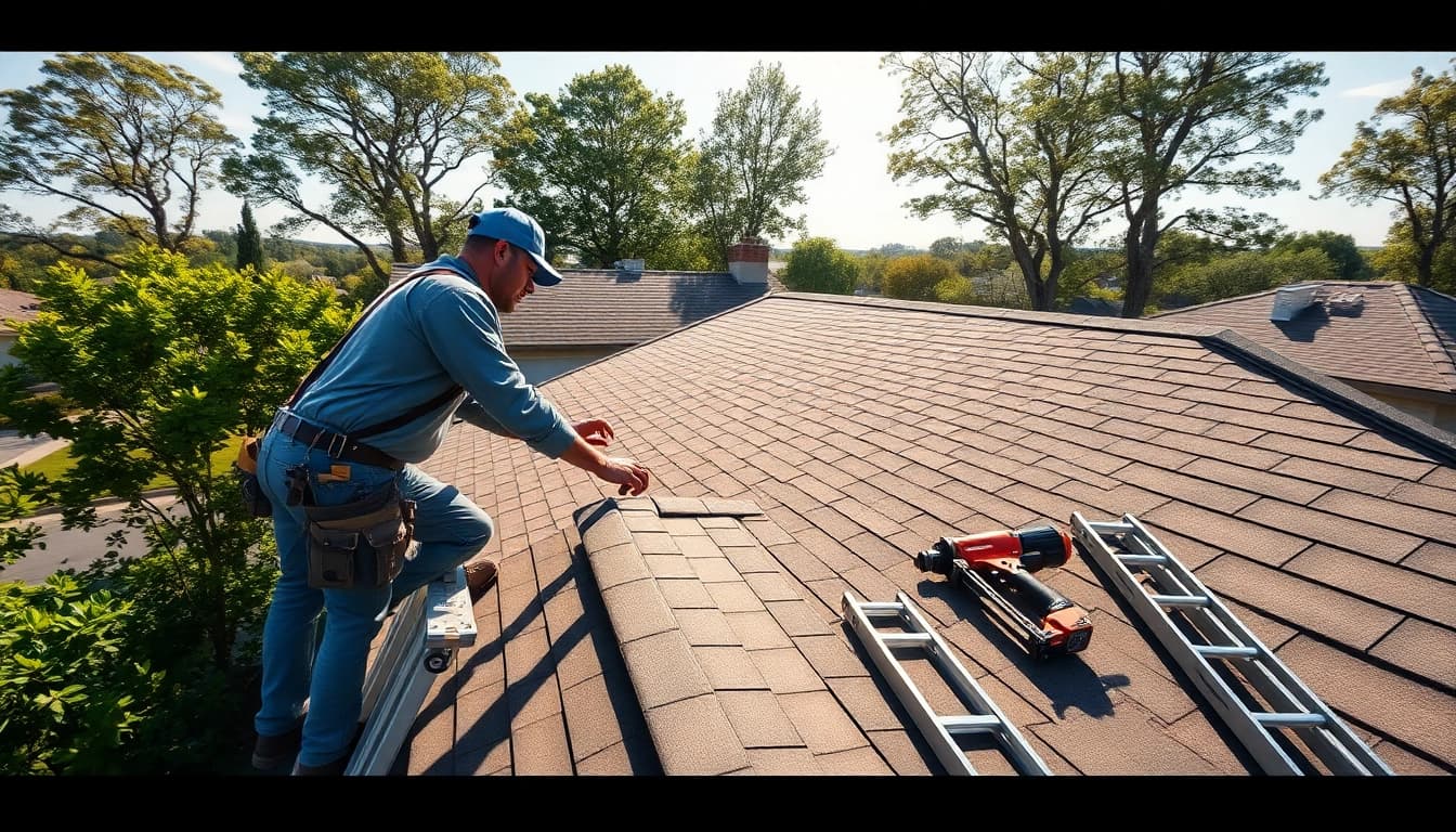 Professional roofing contractor installing shingles on a home roof.