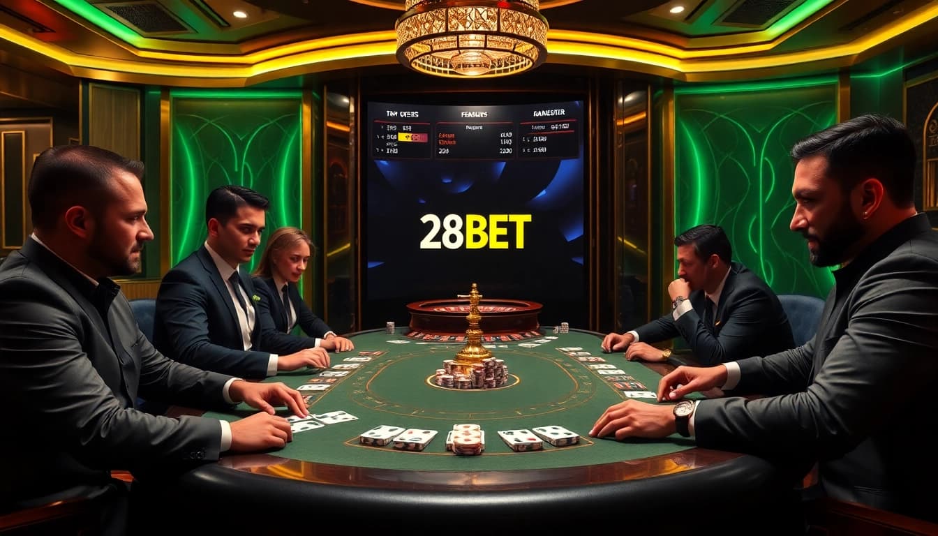 Intense poker action at a luxurious casino table featuring 28BET branding and vibrant chips