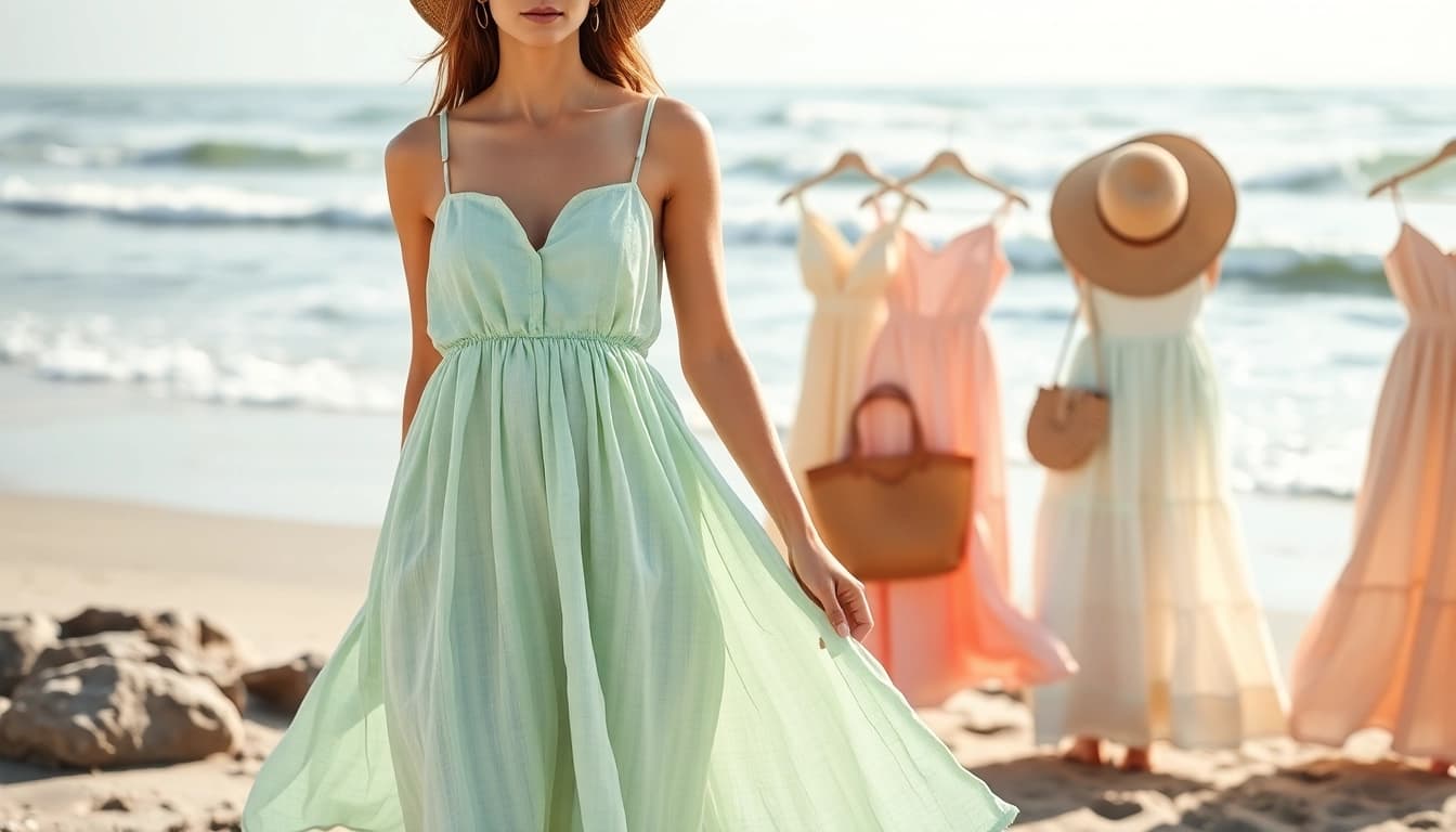 Model in stylish linnen jurken at the beach, showcasing elegance and comfort.