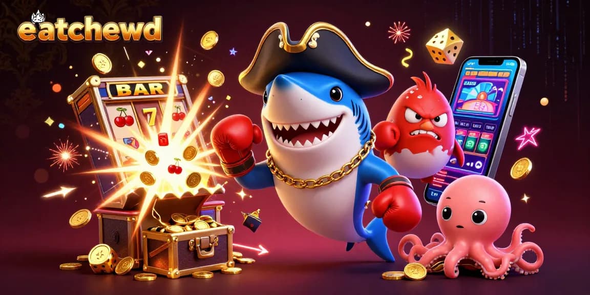 Win big with eatchewd's vibrant casino adventure featuring a jubilant pirate shark and friends!