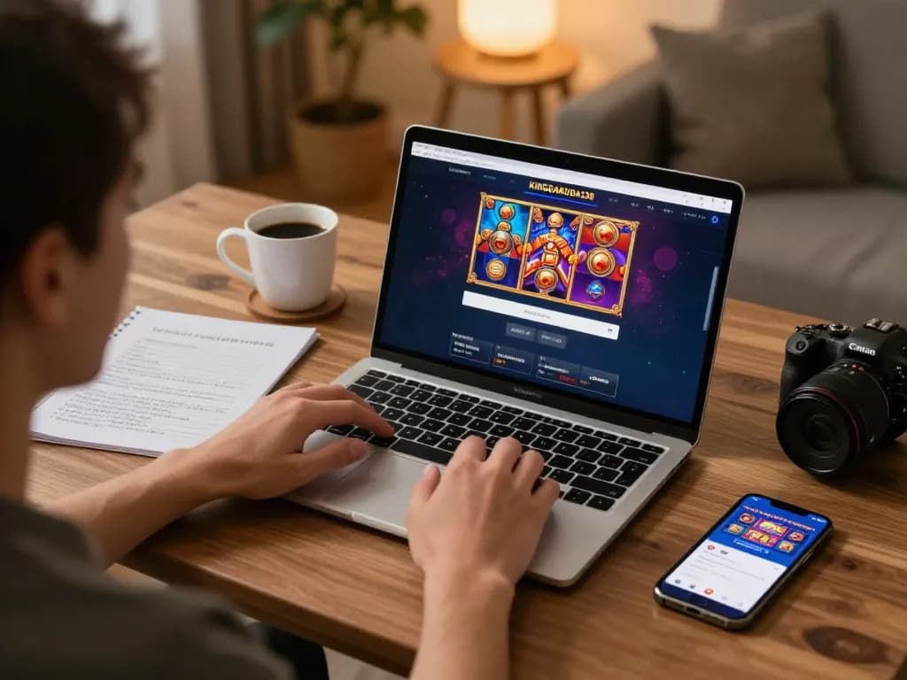 Engaging player accessing kinggaruda138 slot games on laptop, showcasing online gaming excitement