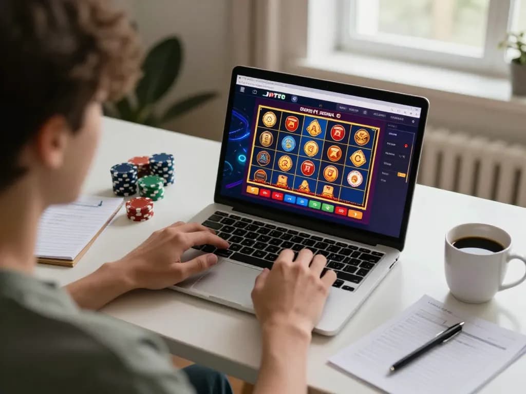 Engaged player using JPTOTO online casino interface for strategic gaming at home