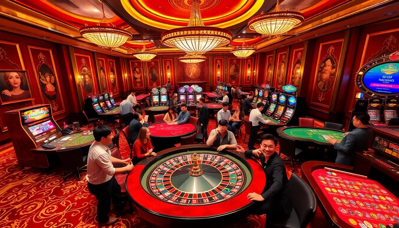 Naga99 players celebrating a win at an elegant casino with roulette and glowing slot machines.