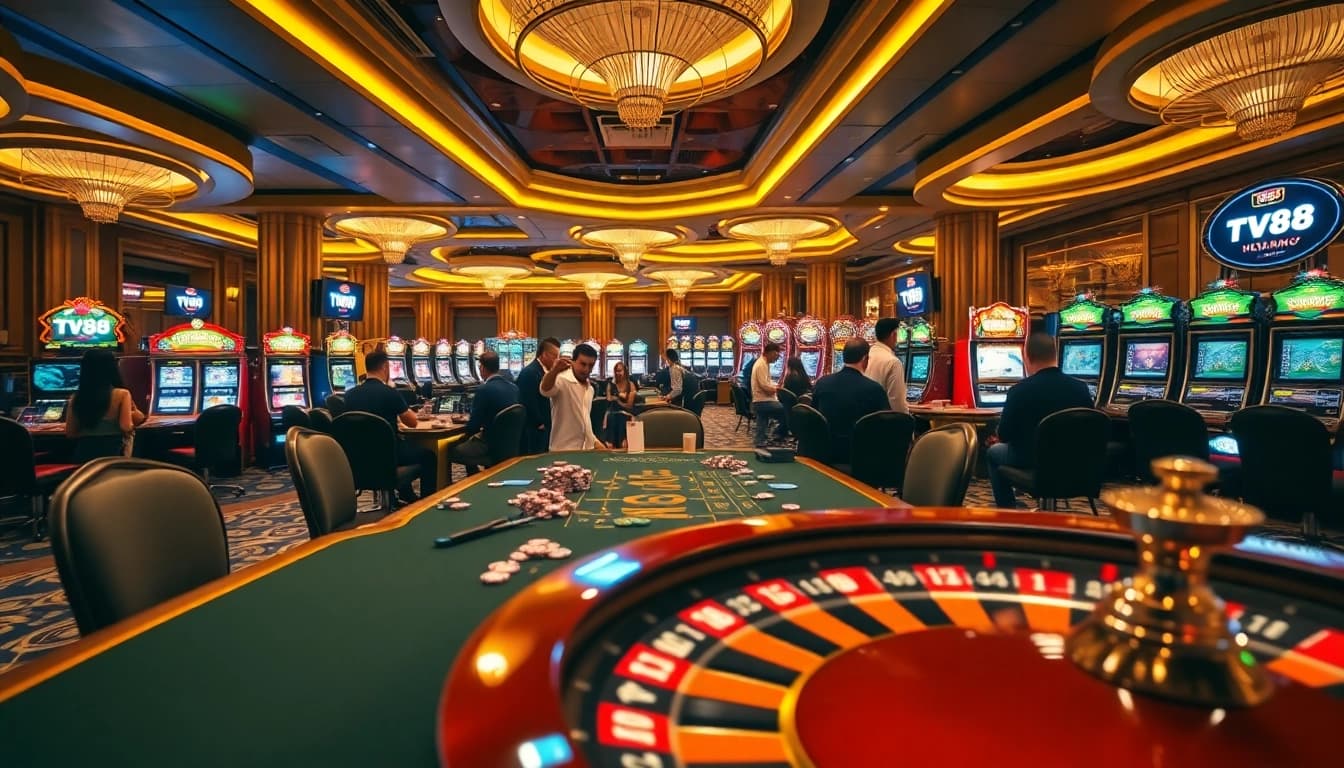 Experience the thrill of gaming at TV88's luxurious casino with poker tables and vibrant slot machines.