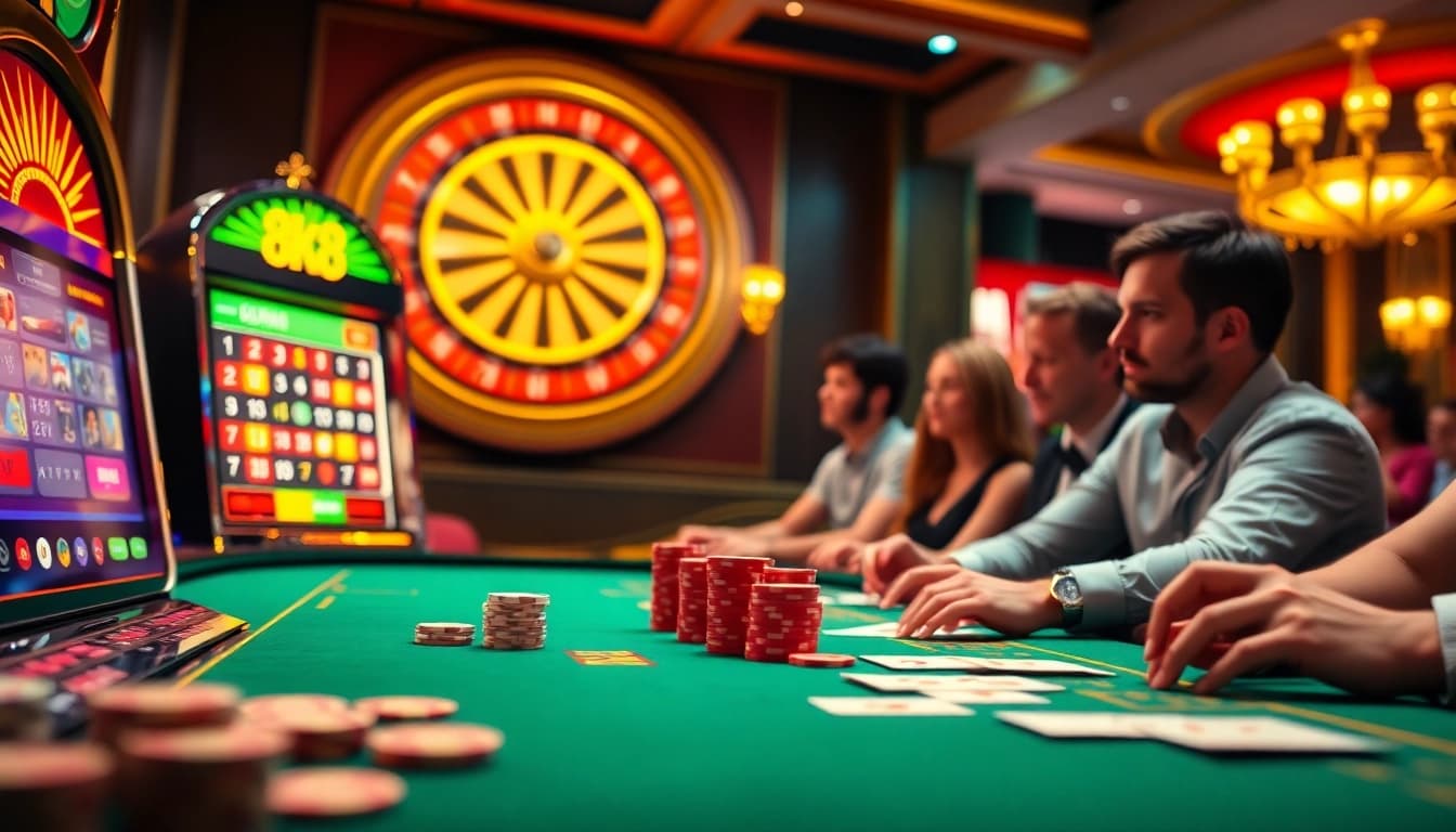 Players engaging with the thrilling 8k8 casino experience, featuring poker and slot games.