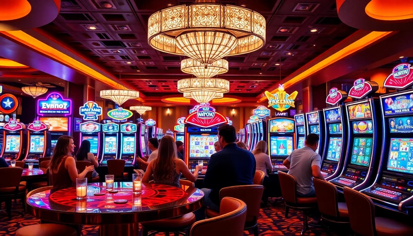 Players enjoying SLOT machines in a vibrant casino atmosphere filled with excitement and luxury.